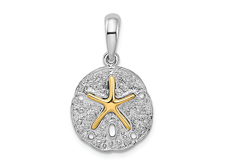 Rhodium Over Sterling Silver Textured Sand Dollar with 14k Accent Starfish Pendant