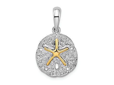 Rhodium Over Sterling Silver Textured Sand Dollar with 14k Accent Starfish Pendant
