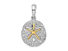 Rhodium Over Sterling Silver Textured Sand Dollar with 14k Accent Starfish Pendant