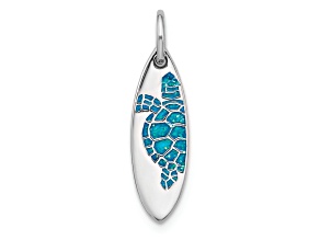 Rhodium Over Sterling Silver Polished Blue Enamel Turtle Surfboard Pendant