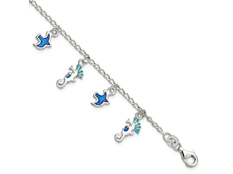 Sterling Silver Enamel Seahorse and Birds with 1-inch Extension Children's Bracelet