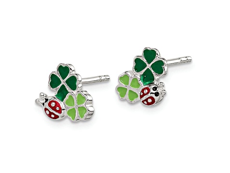 Sterling Silver Enamel Ladybug and Clovers Children's Post Earrings