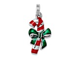 Rhodium Over Sterling Silver Enamel Candy Cane Charm