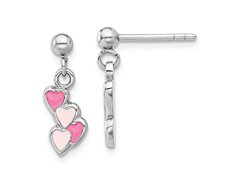 Rhodium Over Sterling Silver Pink Enamel Hearts Post Dangle Earrings