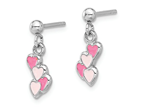 Rhodium Over Sterling Silver Pink Enamel Hearts Post Dangle Earrings