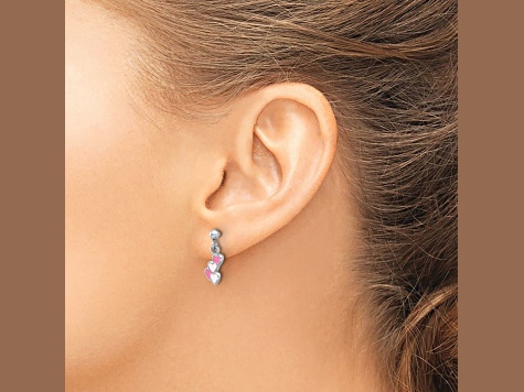 Rhodium Over Sterling Silver Pink Enamel Hearts Post Dangle Earrings