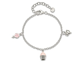 Sterling Silver Enamel Lollipop, Cupcake and Heart with 1.5-inch Extension Children's Bracelet