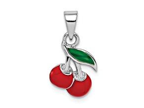 Rhodium Over Sterling Silver Red and Green Enameled Cherry Children's Pendant