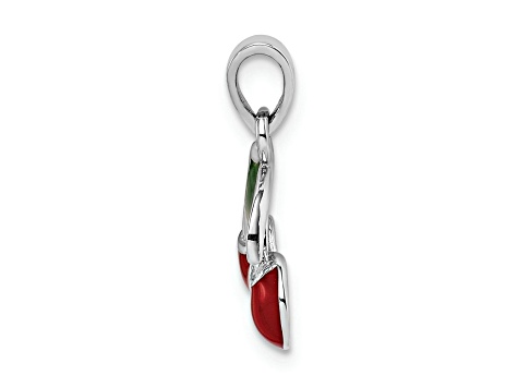 Rhodium Over Sterling Silver Red and Green Enameled Cherry Children's Pendant