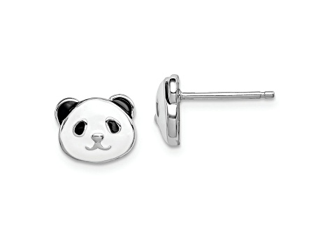 Rhodium Over Sterling Silver Enamel Panda Child's Post Earrings