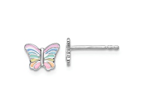 Rhodium Over Sterling Silver Rainbow Enamel Butterfly Children's Post Earrings