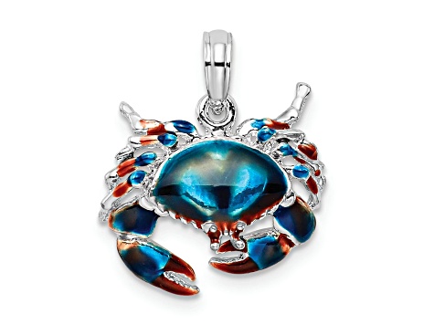 Rhodium Over Sterling Silver Polished Enamel Blue Stone Crab Pendant