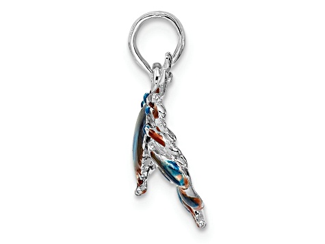 Rhodium Over Sterling Silver Polished Enamel Blue Stone Crab Pendant