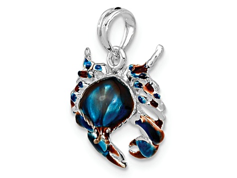 Rhodium Over Sterling Silver Polished Enamel Blue Stone Crab Pendant