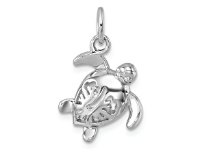 Rhodium Over Sterling Silver Tiny Turtle with Flower Back Pendant