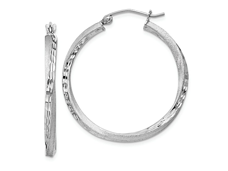 Rhodium Over Sterling Silver Satin Diamond-cut 2.5x30mm Twisted Hoop Earrings