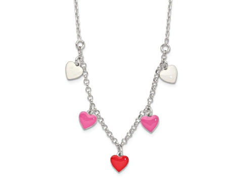 Sterling Silver Polished Pink, Red and White Enamel Heart Children's Necklace