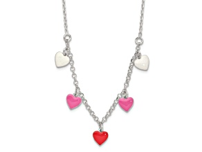 Sterling Silver Polished Pink, Red and White Enamel Heart Children's Necklace