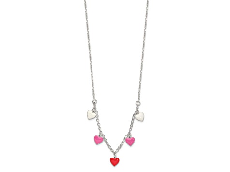 Sterling Silver Polished Pink, Red and White Enamel Heart Children's Necklace