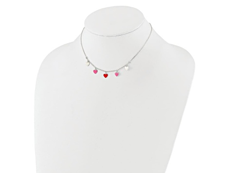 Sterling Silver Polished Pink, Red and White Enamel Heart Children's Necklace