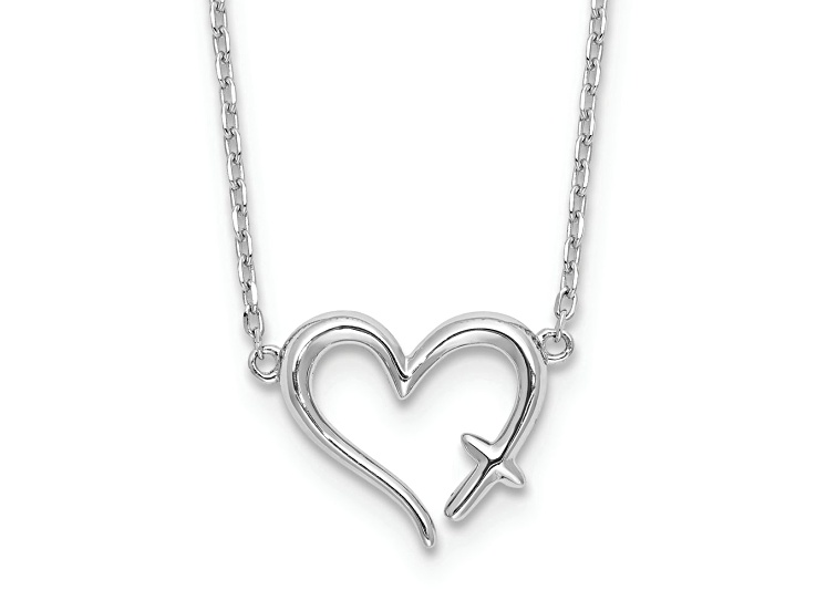 Rhodium Over Sterling Silver Heart with Cross 13-inch with 2-inch Extension Necklace