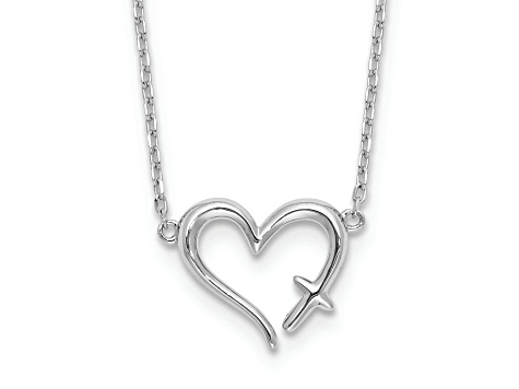 Rhodium Over Sterling Silver Heart with Cross 13-inch with 2-inch Extension Necklace