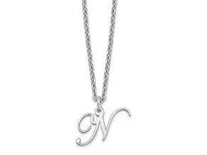 Rhodium Over Sterling Silver Letter N Initial Necklace