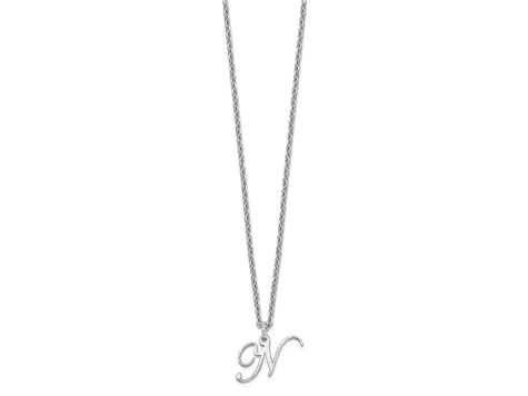 Rhodium Over Sterling Silver Letter N Initial Necklace