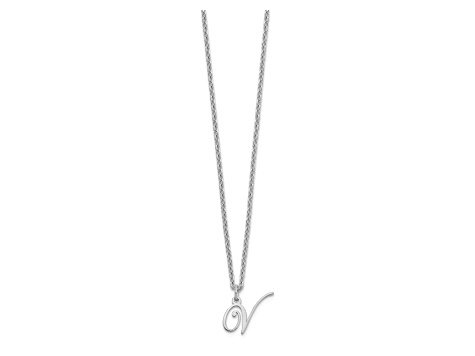 Rhodium Over Sterling Silver Letter V Initial Necklace