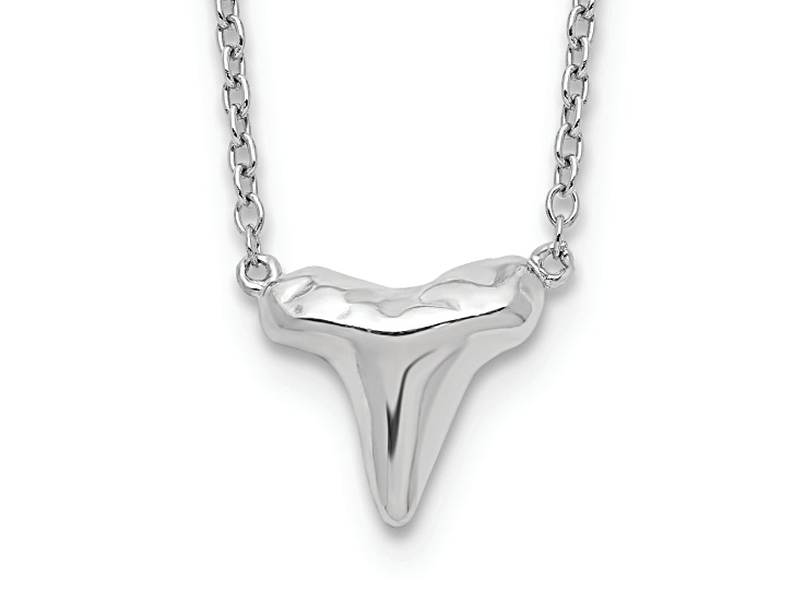 Rhodium Over Sterling Silver Polished Shark Tooth with 2 Inch Extension Necklace