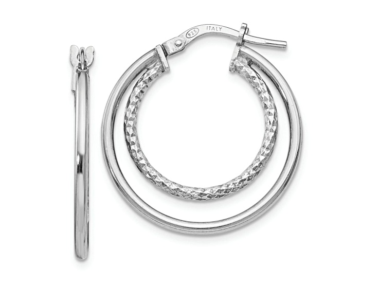 Rhodium Over Sterling Silver 1" Polished Diamond-Cut Hoop Earrings