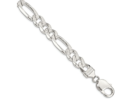 Sterling Silver 10.5mm Pavé Flat Figaro Chain Bracelet