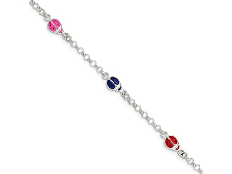 Sterling Silver Multi-color Enamel Ladybugs with 1-inch Extensions Children's Bracelet