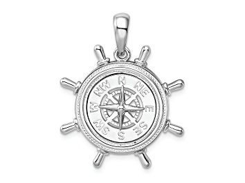 Picture of Rhodium Over Sterling Silver Polished Ships Wheel with Compass Pendant