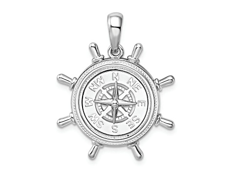 Rhodium Over Sterling Silver Polished Ships Wheel with Compass Pendant