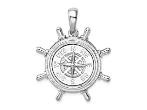 Rhodium Over Sterling Silver Polished Ships Wheel with Compass Pendant