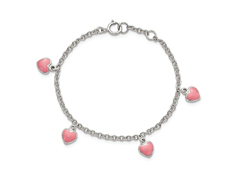 Rhodium Over Sterling Silver Childs Enamel Hearts 5.5-inch with 0.5-inch Extension Bracelet