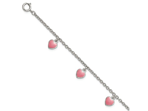 Rhodium Over Sterling Silver Childs Enamel Hearts 5.5-inch with 0.5-inch Extension Bracelet