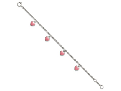 Rhodium Over Sterling Silver Childs Enamel Hearts 5.5-inch with 0.5-inch Extension Bracelet