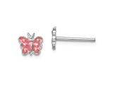 Rhodium Over Sterling Silver Pink Enamel Butterfly Post Earrings