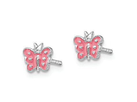 Rhodium Over Sterling Silver Pink Enamel Butterfly Post Earrings