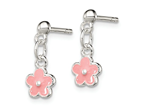 Sterling Silver Pink Enamel Flower Children's Post Dangle Earrings