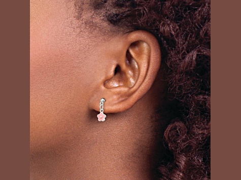 Sterling Silver Pink Enamel Flower Children's Post Dangle Earrings