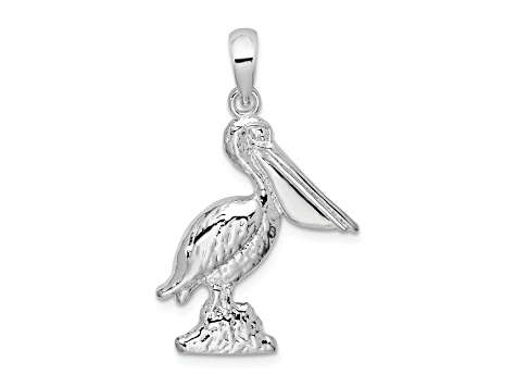 Rhodium Over Sterling Silver Large 3D Standing Pelican Pendant