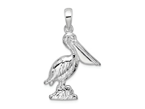 Rhodium Over Sterling Silver Large 3D Standing Pelican Pendant