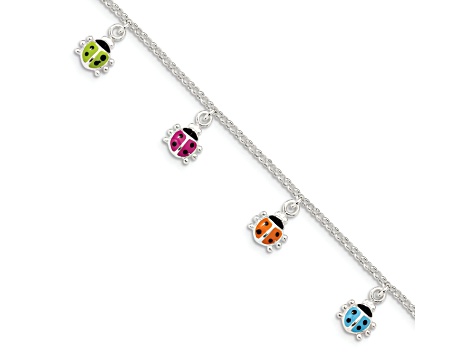 Sterling Silver Polished Multi-color Enameled Ladybugs Children's Bracelet