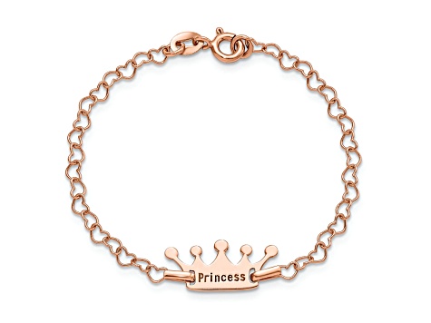 14K Rose Gold Over Sterling Silver Princess Crown Heart Link Children's Bracelet