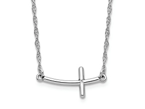 Rhodium Over Sterling Silver Small Sideways Curved Cross Necklace