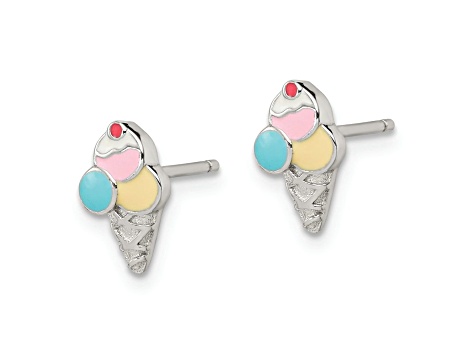 Rhodium Over Sterling Silver Enamel Ice Cream Cone Post Earrings