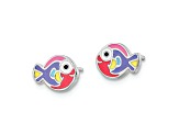 Rhodium Over Sterling Silver Multi-color Enameled Fish Post Earrings